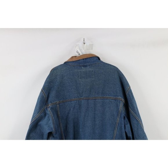 Vtg 90s Streetwear Mens Medium Distressed Leather Collar Denim Trucker Jacket - Picture 11 of 12
